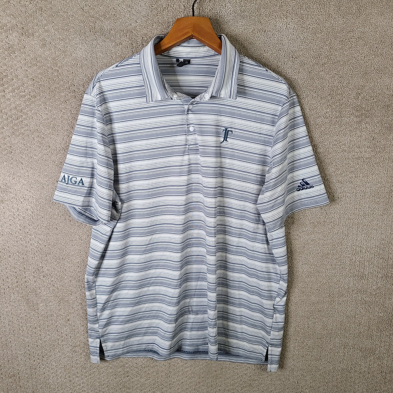Adidas Shirt Mens Xl Blue White Striped Polo Primegreen Golf Ajga Logo Athletic